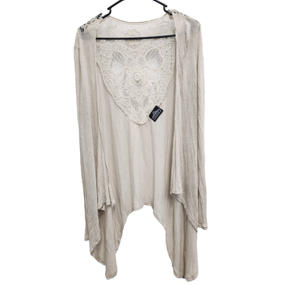 Angie Womens BOHO Fairy Cardigan Medium Ivory Open Crochet Back Cascading Casual